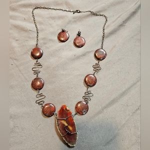 Handmade Brown Stone With Wire Jewelry Set Necklace and Earrings Never Worn